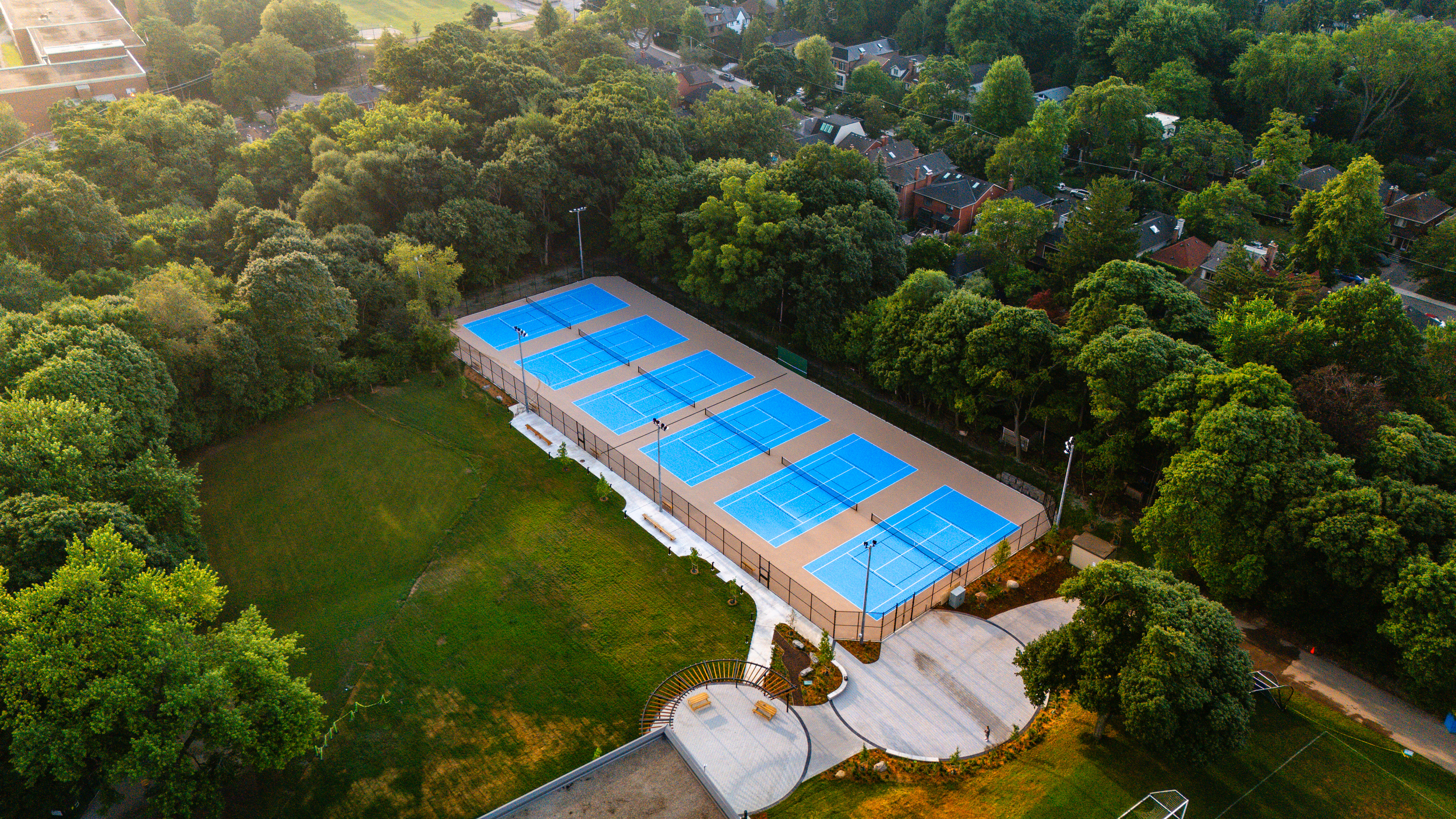 Aerial photo of 6 new tennis courts and plaza area at Havergal College